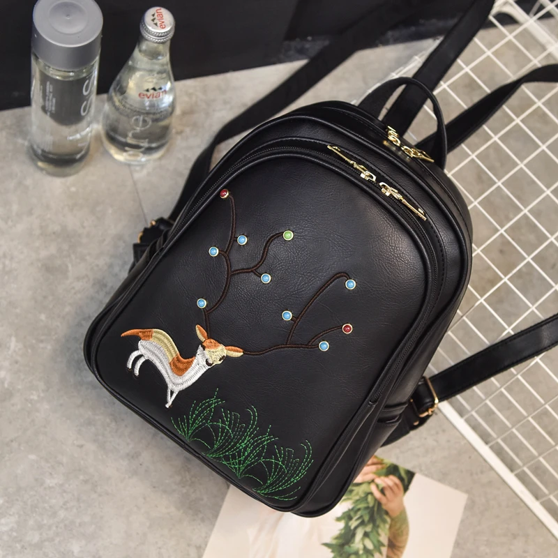2017 Spring Summer New Backpack Wemen Fawn Embroidery Backpack Japan And Korean Style Fashion Simple PU