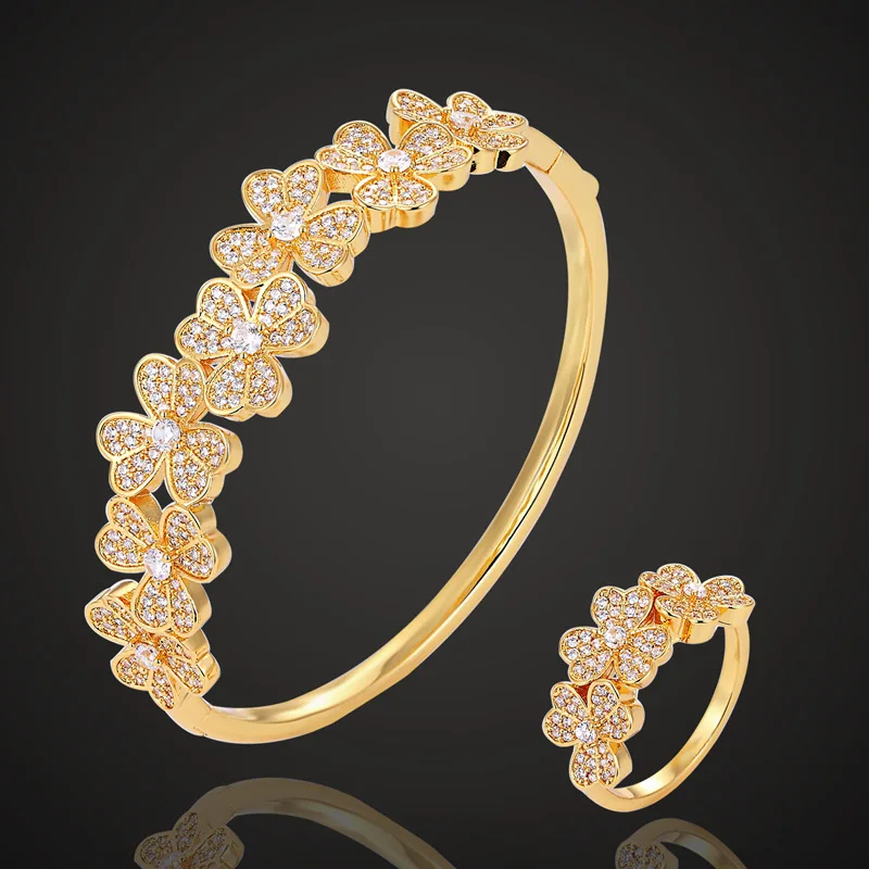 

Lasman jewelry Europe brand design Cubic zircon Flower Bangle & Rings Sets For bridal accessories metal copper bangle ring set