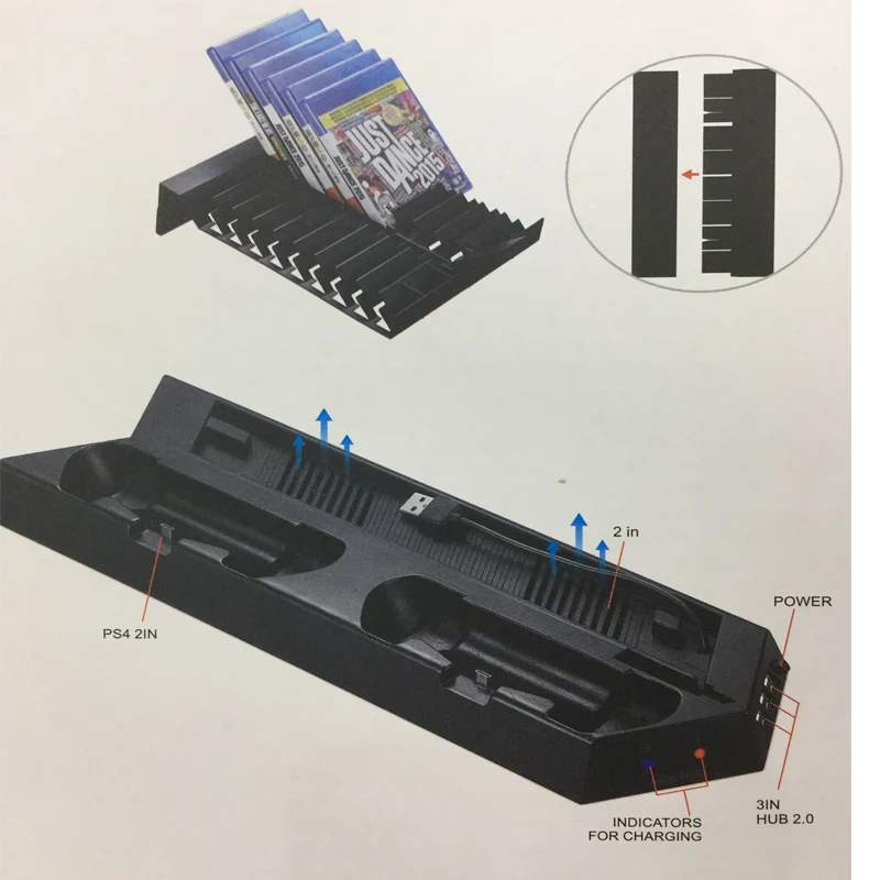 Вертикальная подставка для PS4 Pro консоли-вентилятор охлаждения док-станция для зарядки контроллера станции с игры хранения CD и Dualshock Зарядное устройство