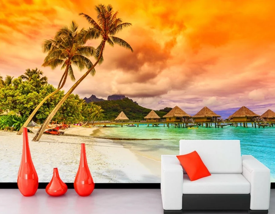 

Papel de parede Coast Tropics Sea Bungalow Nature wallpaper,kitchen living room tv background sofa wall kids room 3d murals