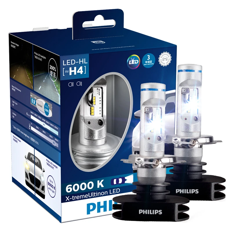 2X Philips X-treme Ultinon LED H4 9003 HB2 6000K+200% More Bright LED ...