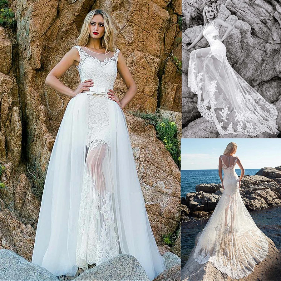 

Exquisite Tulle Scoop Neckline See-through 2 In 1 Wedding Dress With Lace Appliques & Detachable Skirt Beach Bridal Dresses