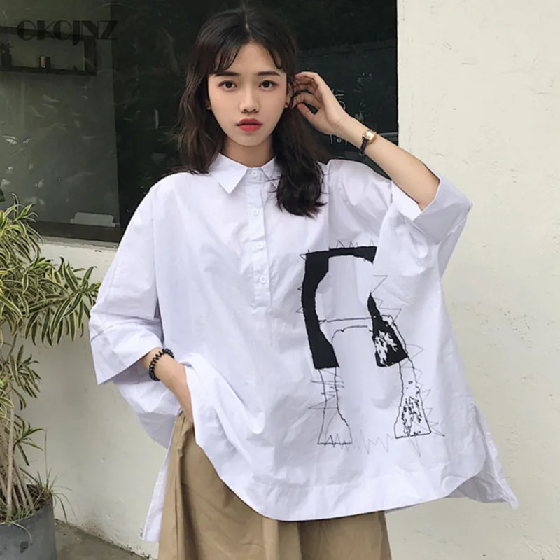 

2019 Summer Lapel Long Sleeve White Blouse Woman Blusas Loose Plus Size Irregular Hem Cartoon Print Cotton Shirt Harajuku Okq279