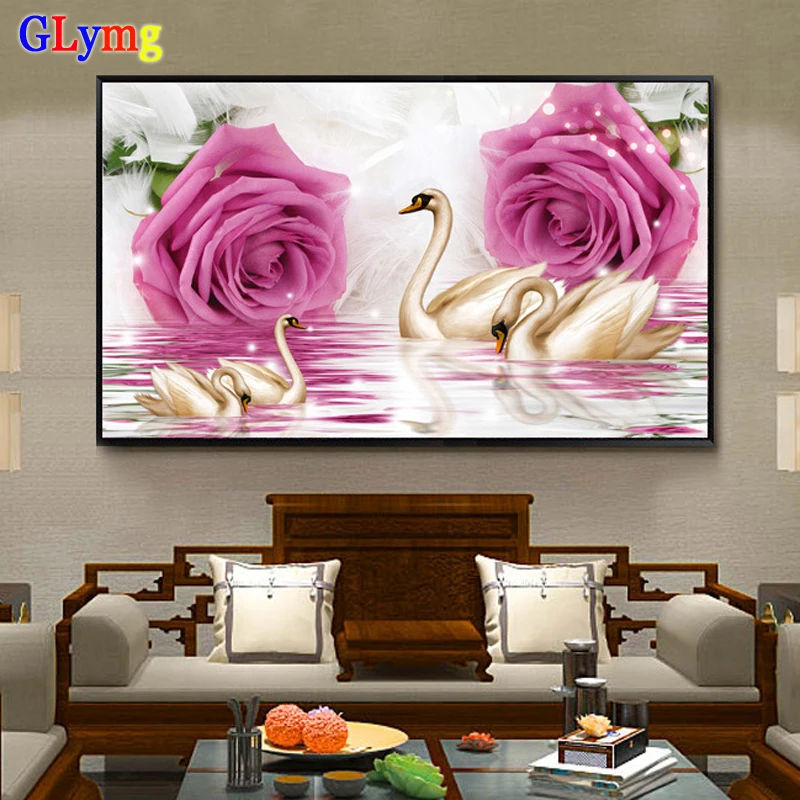 GLymg New Diy Shaped Diamond Embroidery Rose Swan Love Diamond Painting Cross Stitch Full Round Drill Home Decor Mosaic Picture