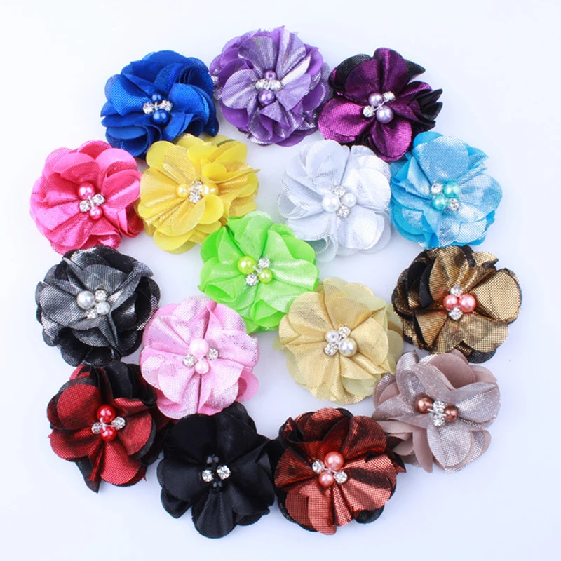 

20Pieces/Lot Size 5.5CM Fabric Flower Handmade Pearl Flowers Artificial Flower Wedding Prom Hand DIY Girl Hair Cloth Accessoires