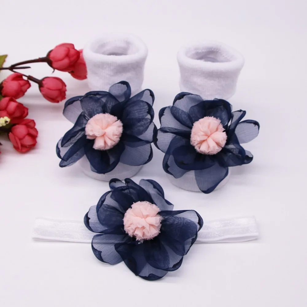 2PCS/SET Baby Socks+ Headband Set Lovely Flowers Decorated Anti-Slip Cotton Ankle Socks with Elastic Hair Band