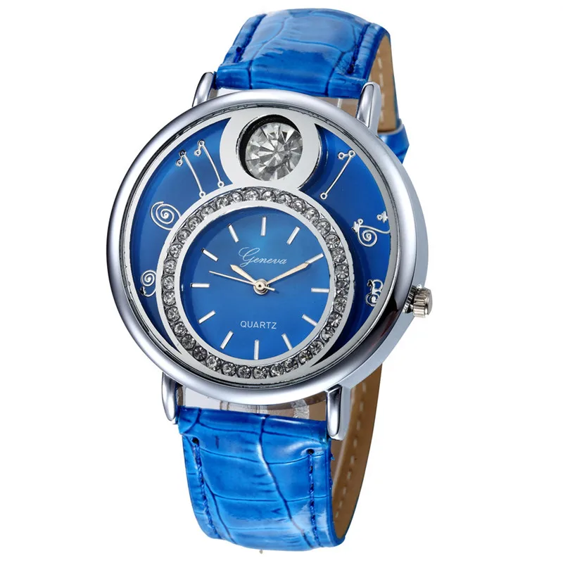 Geneva женские часы, большие стразы, роскошные кварцевые наручные часы, дизайн, повседневный ремешок, кожа, женское платье, часы, часы, подарок, Saat# A - Цвет: Синий