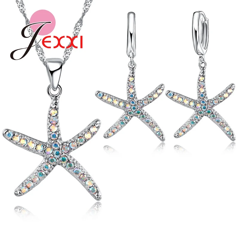 Милый 925 пробы Серебряная цепочка CZ камень Морская звезда дизайн кулон ожерелье серьги Ювелирные наборы Bijoux