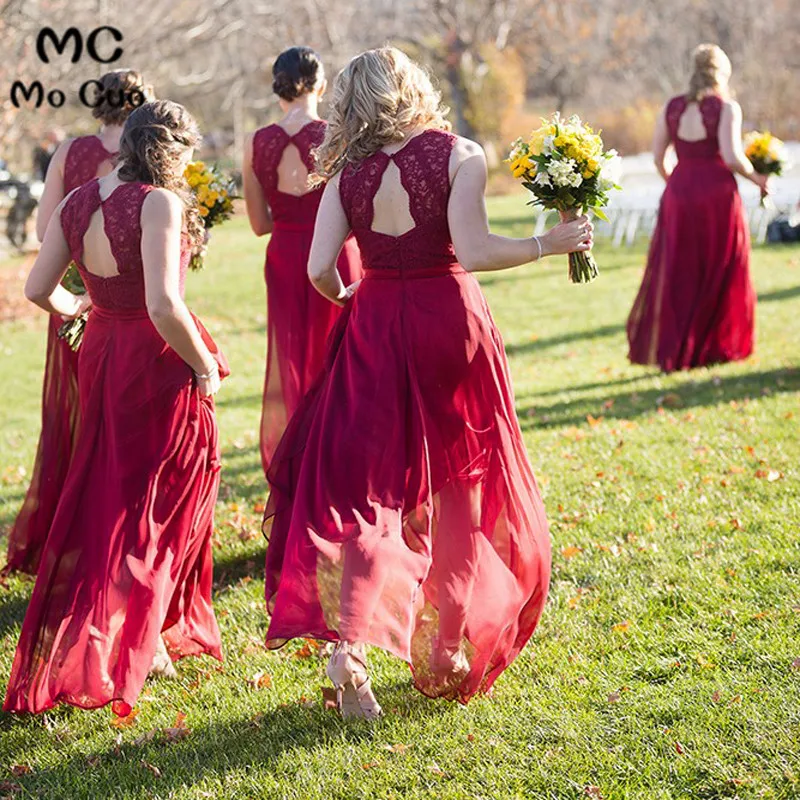 2018 классические линии платье подружки невесты в бургундском стиле длинные с шифоновые кружевные аппликации Формальные Свадебная
