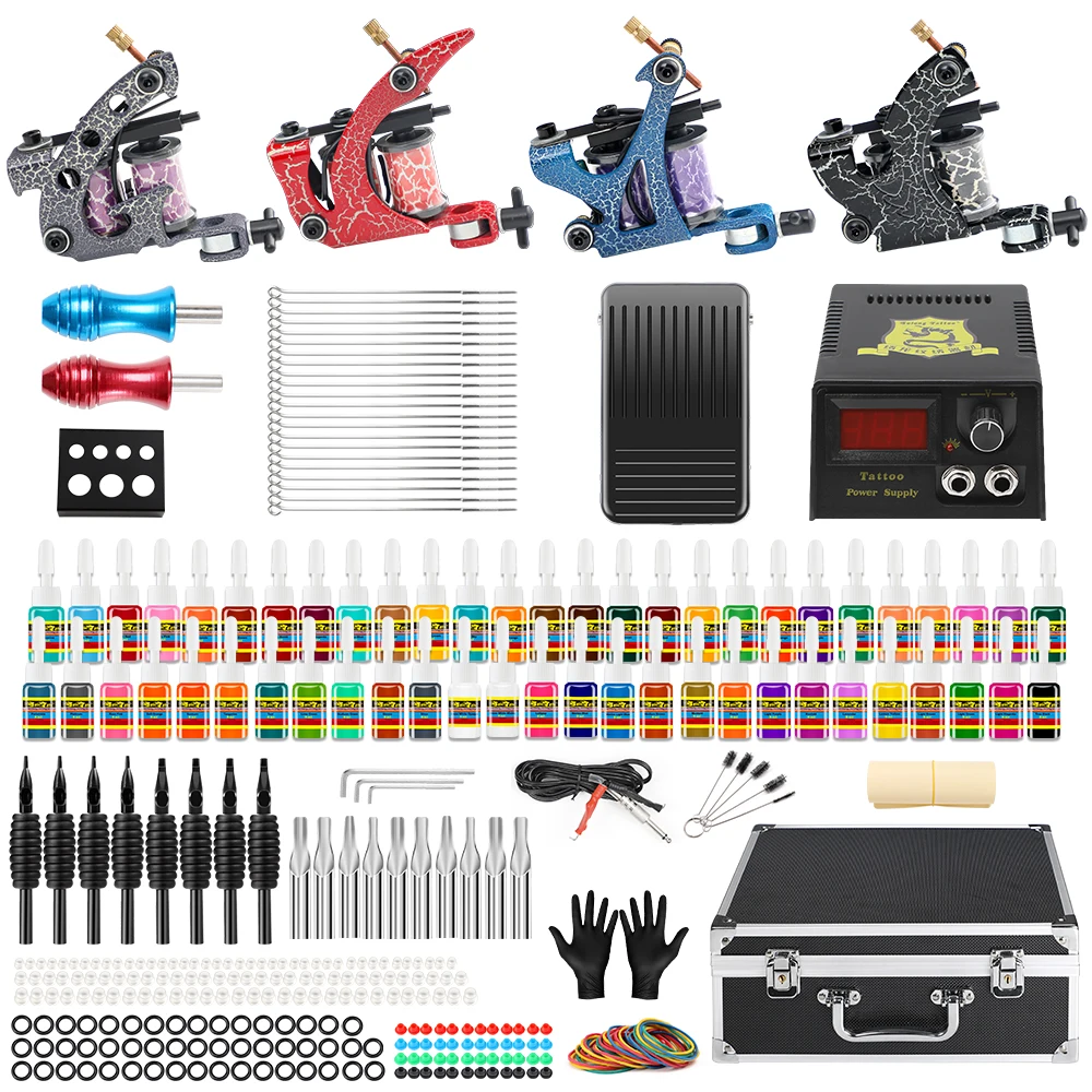 

Tattoo Professional Complete Tattoo Kit for Beginner 4 Pro Machine 54 Ink set Needles Power Supply Grip Carry Case TK456