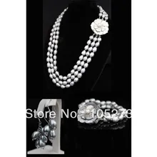 Новое поступление, комплект ювелирных изделий из жемчуга, элегантный, 3 ряда, серый цвет, богатый формирователь, 8-9 мм, настоящий пресноводный жемчуг, ожерелье, браслет, серьги