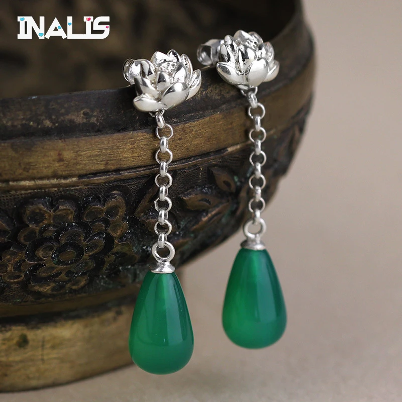 

INALIS Real 925 Sterling Silver Natural Agate Creative Handmade Fine Jewelry Water Drop Lotus Drop Earrings for Women Brincos
