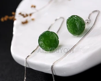 

Beautiful 925 Sterling Silver Green HeTian Jade Cute Lotus Seedpod Dangle Lucky Ear Line Earring Girl's Gift Earrings Jewelry