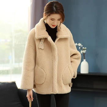 

2019 New Arrival Women's Winter Fur Coat Shearling Jacket Long Sleeve Wool Outwear Suede Lining rf1914