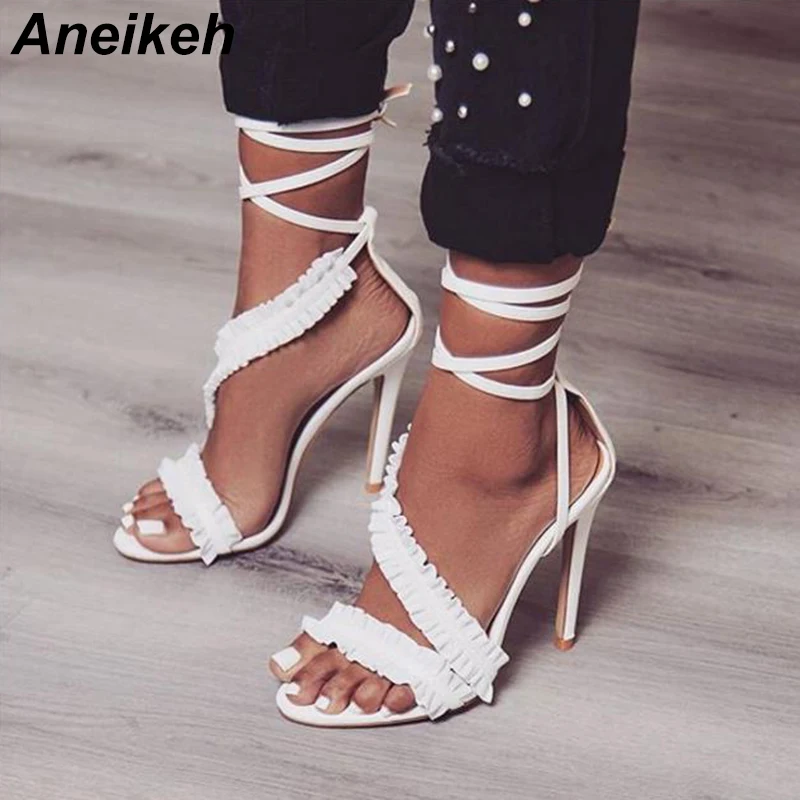 

Aneikeh PU Leather Women Sandals Ankle Strap Ruffles Gladiator High Heels Solid Lace-Up Summer Party Shoes