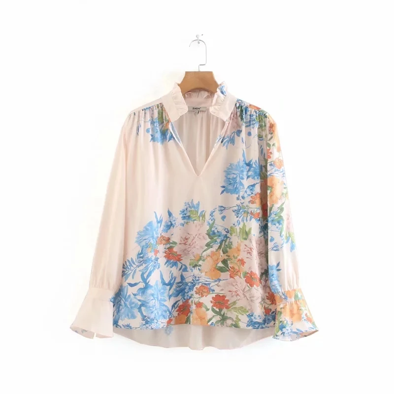 

Flower Printing V Neck Smock Women Oversize Shirt Leisure Lady Long Sleeve Blouse 2019 Autumn Female Loose Tops S6063