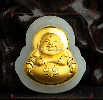 

Nature Jade MILK IVORY jadite Amulet laugh Buddha 24K Gold Pendant Talisman Necklace With certificate