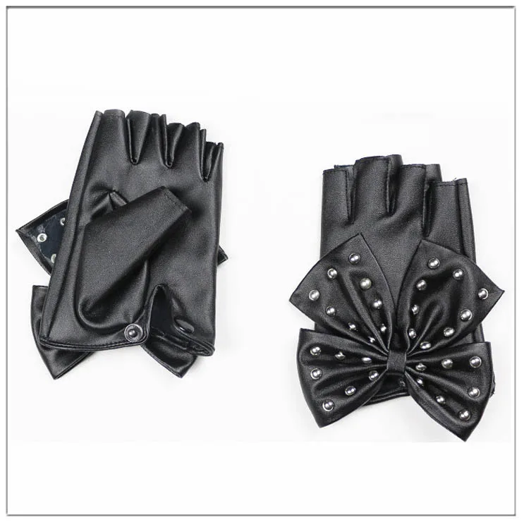 WarBLade Fashion Fingerless Gloves Women's PU Leather Gloves Ladies Luvas Dancing Party Show Big Bow Rivet Half finger Mittens