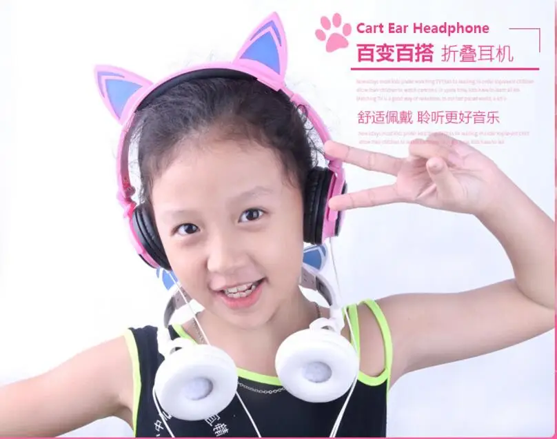 

Factory wholesale Kids Safety Lovely funny Cat earphone new mobile computer headset folding ear with foreign patented headphones