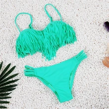 2017 Playa traje de Baño Retro Mujeres Borla de la Franja Superior del Bikini Inferior Cintura Baja Tanga Brasileña Biquini Push Up Sexy traje de Baño Del Vendaje