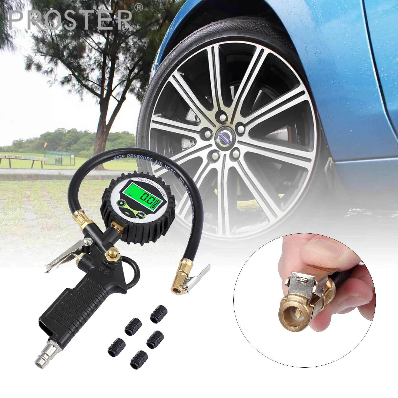 

Proster for Digital Car Tire Air Pressure Inflator Gauge LCD Display Vehicle Tester Inflation Monitoring 200 PSI+5 Valve Caps