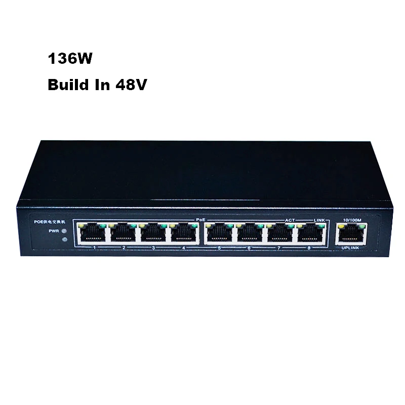 48V 136W Build In Power Adapter poe 8 port switch Network AP 10 100