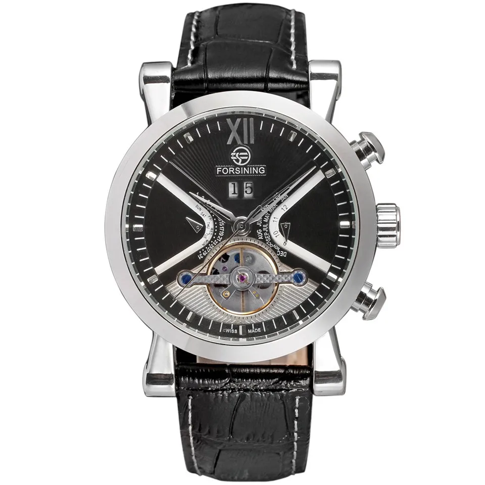 Skup FORSINING marka męskie zegarki mechaniczny skórzany zegarek różowe złoto czarna obudowa Tourbillon Dial mężczyźni zegarki