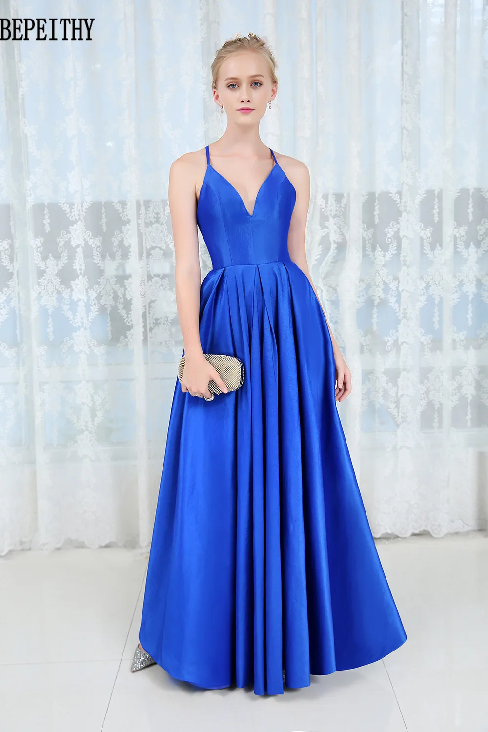 BEPEITHY vestido de festa новые сексуальные платья с глубоким v-образным вырезом для выпускного вечера простое синее платье Длинные вечерние платья