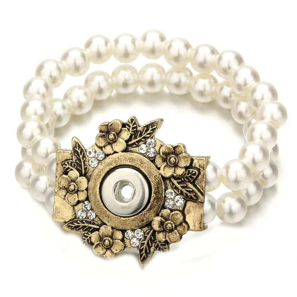 New Snap Button Bracelet 12mm Double Crystal Pearls Bead Bracelet