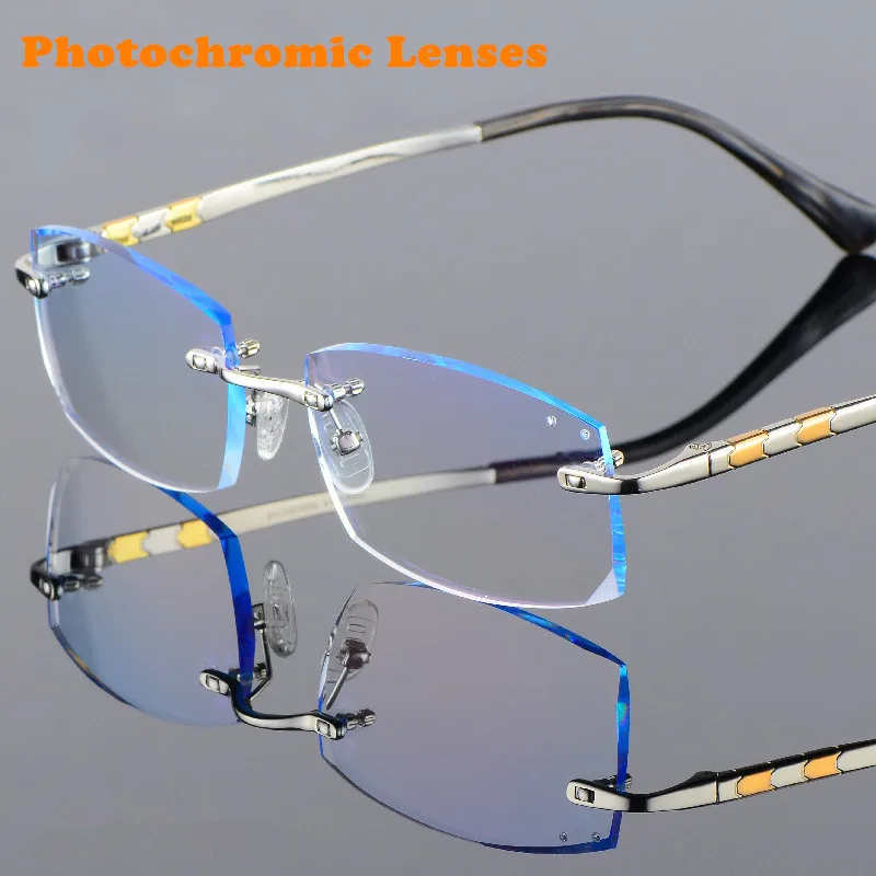 Silver Photochromic Титановые очки для мужчин без оправы по рецепту для чтения близорукость фотохромные прогрессивные очки большие широкие очки с цветными линзами - Цвет оправы: Silver Photochromic