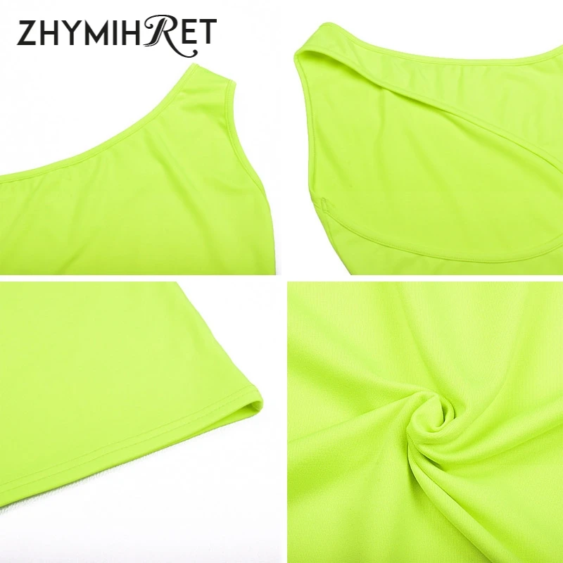Женское платье на одно плечо ZHYMIHRET неоново зеленое мини с вырезом спине для