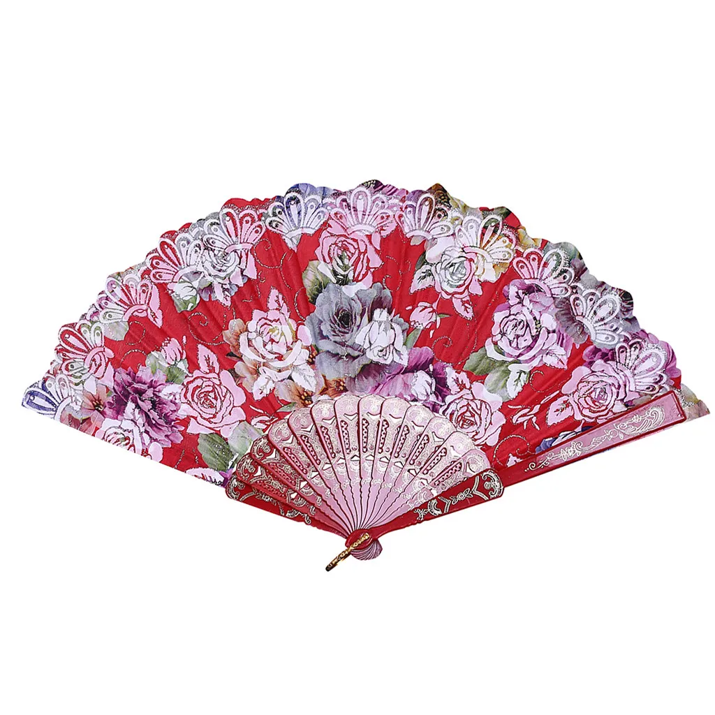 Портативный лучший китайский стиль для танцев, свадьбы, вечеринки, кружева, Шелковый складной ручной цветок, веер, украшение дома, винтажный китайский веер, ветер - Цвет: Red