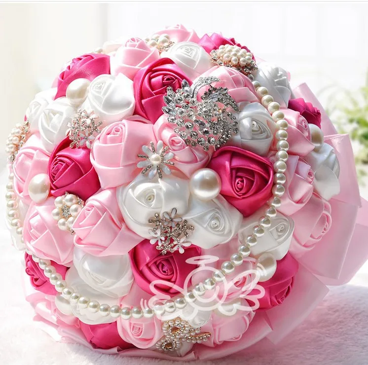 Великолепные Свадебные цветы Свадебные букеты жемчуг Кристалл Искусственный Свадебный букет кристалл блеск buque de noiva - Цвет: Розовый