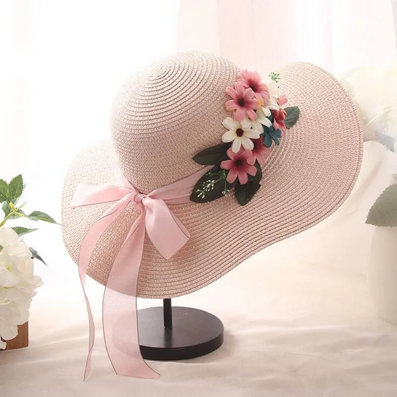 Women Outdoor Beach Hat Floral Bow Sun Hat New Arrival Double Flowers