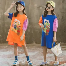 Детские платья для девочек; летнее платье с принтом «кола» для девочек-подростков; Новинка года; комбинированное платье; свободное Хлопковое платье с разрезом; модная одежда
