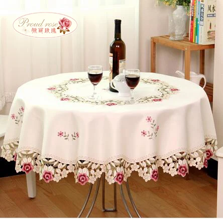 Proud Rose Round Tablecloth Beige Embroidered Tablecloths Table Cover Home Kitchen Supplies Table Decoration