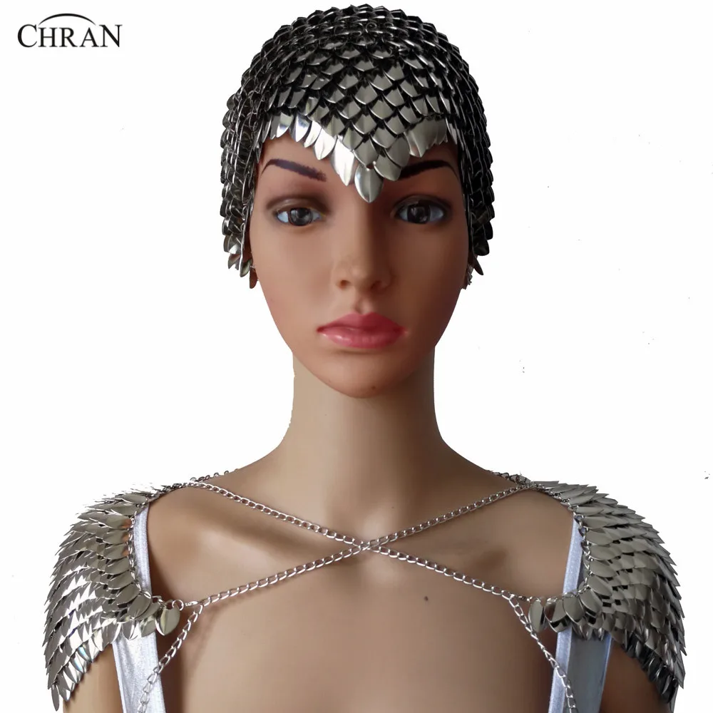 

Chran New Women Punk Chainmail Layer Metal Head Chain Headdress Jewelry Forehead Headband Shoulder Necklace Body Jewelry CRS202