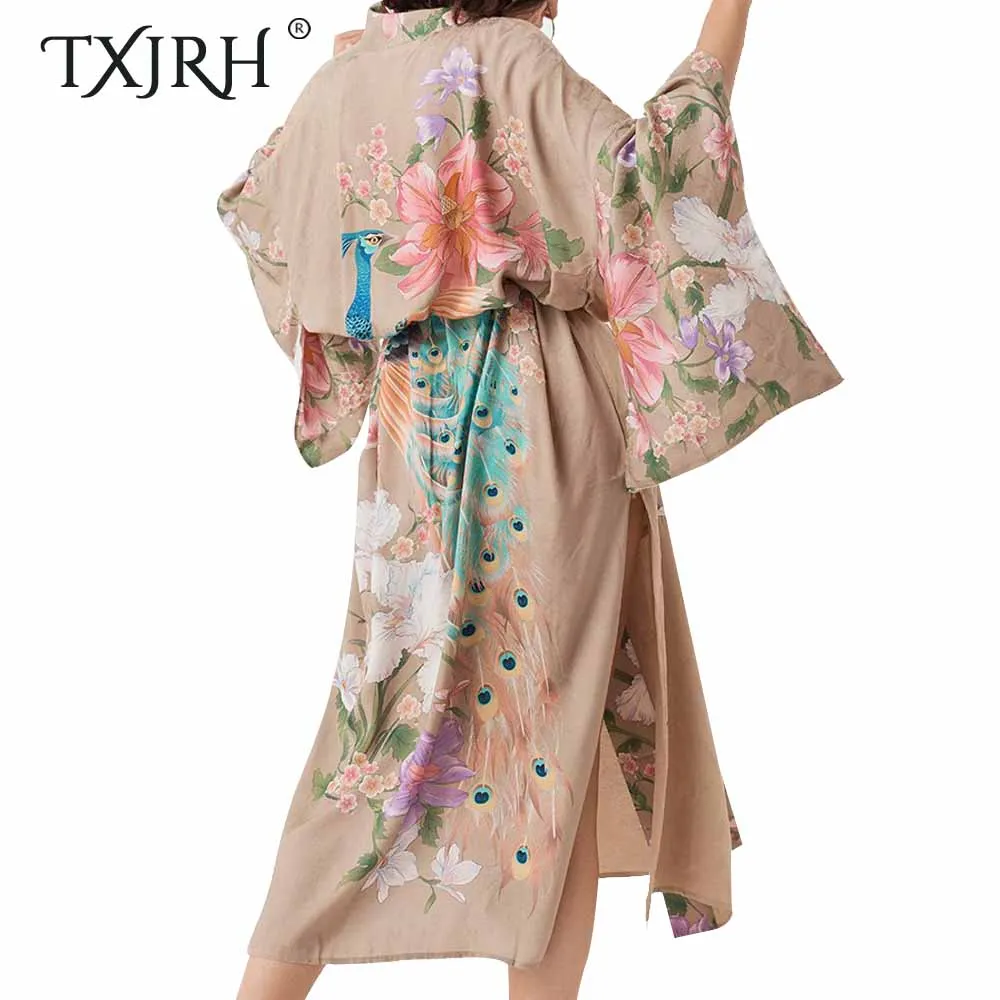 

TXJRH Waterfall Maxi Robe Bohemian Ethnic Peacock Floral Print Long Kimono Cardigan Shirt Tied Bow Sashes Blouse Split Hem Tops