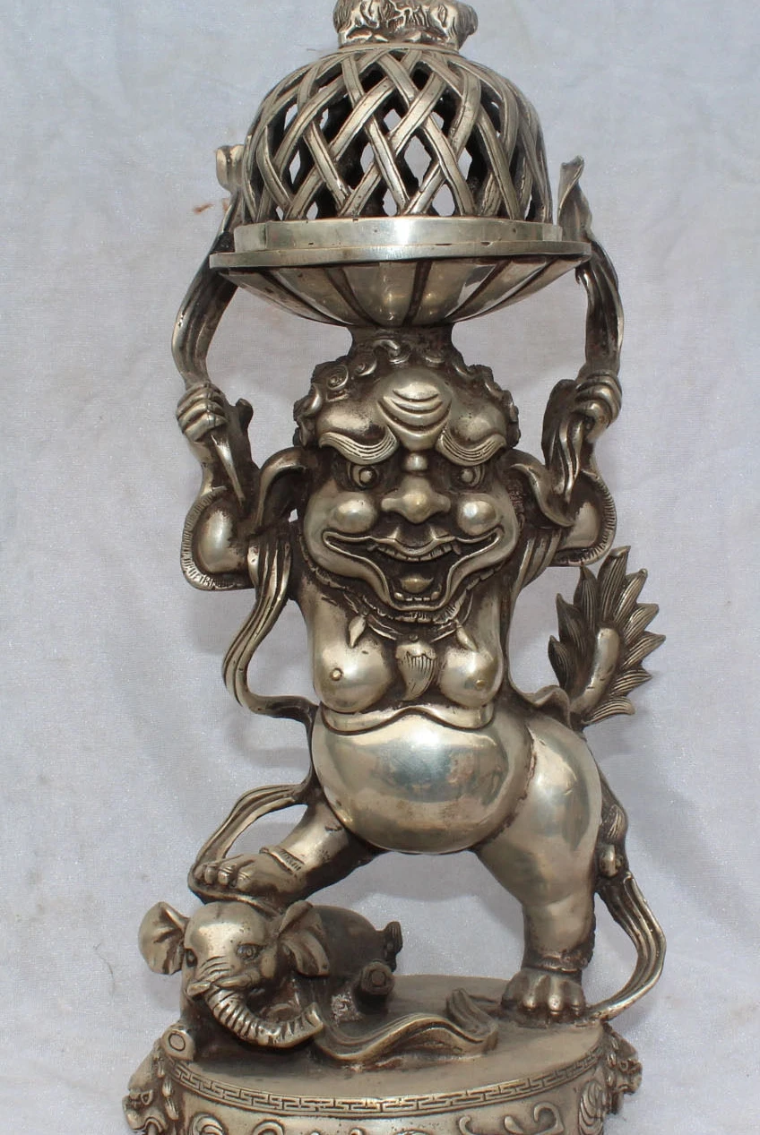 

free shipping 14" Chinese Silver Foo Dog Lion Elephant Sheep Goat incense burner Censer Statue