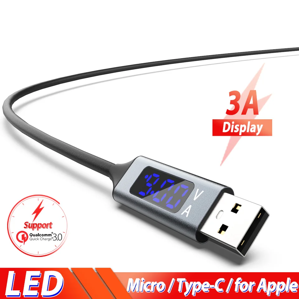 

LED Digital Display Micro Usb Type C Cable Fast Charge Charging Wire Usbc Kablo for Samsung S10 S9 S8 Huawei Phone Charger Kabel