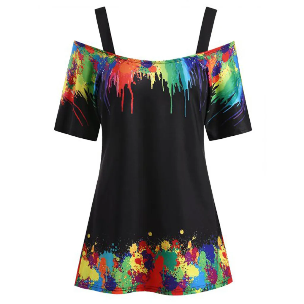 Черный MUQGEW, модная женская футболка, женская, плюс размер, Tie Dye, с открытыми плечами, блузка, слинг, Повседневная футболка, разноцветный Топ# g4 - Цвет: Черный
