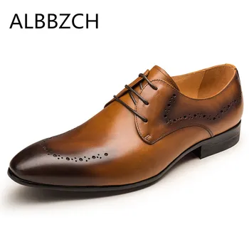 

New pointed toe lace up genuine leather derby men shoes fashion carving men's wedding dress shoes high quality office work shoes