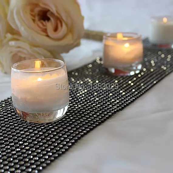 

Free Shipping 4.75"x108" Black & Silver Diamond Mesh Table Runner, Wedding Party Table Decors Crystal Wrap Table Runners