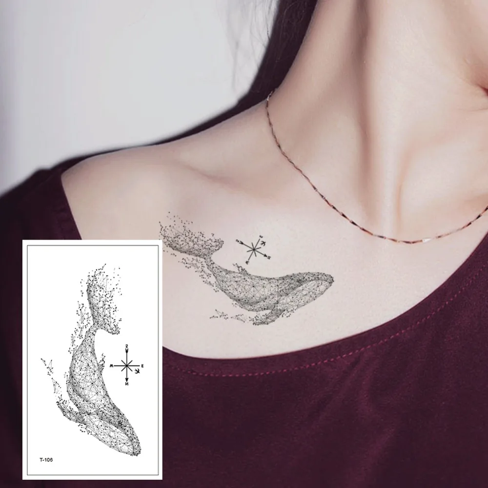 

New Beautiful Diamond Whale Dolphin Temporary Tattoo Waterproof 3D Arrow Fish Tatoo For Men Women Body Art Fake Tattoo T-106