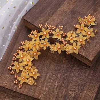 

Le Liin Bridal Champagne Pearls Headband Gold Frosted Acrylic Flower Hair Vine Bead Tiara Bridal Hair Accessories