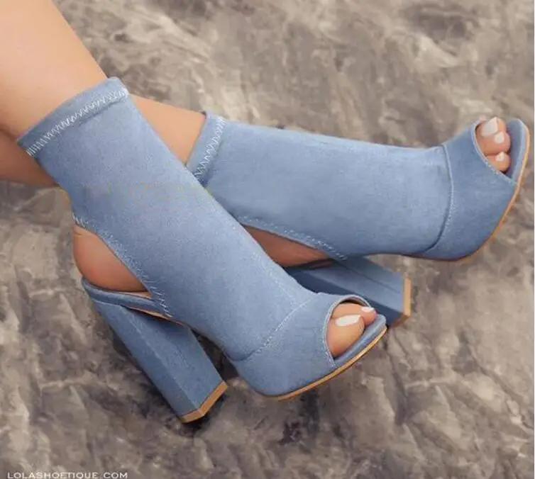 2017 Hot Selling Vrouwen Mode Open Teen Blauw Denim Dikke hak Enkellaarsjes Slip-op Bandage Super Hoge Korte Laarzen Jean laarzen 2017 Hot Selling Vrouwen Mode Open Teen Blauw Denim Dikke hak Enkellaarsjes Slip-op Bandage Super Hoge Korte Laarzen Jean laarzen