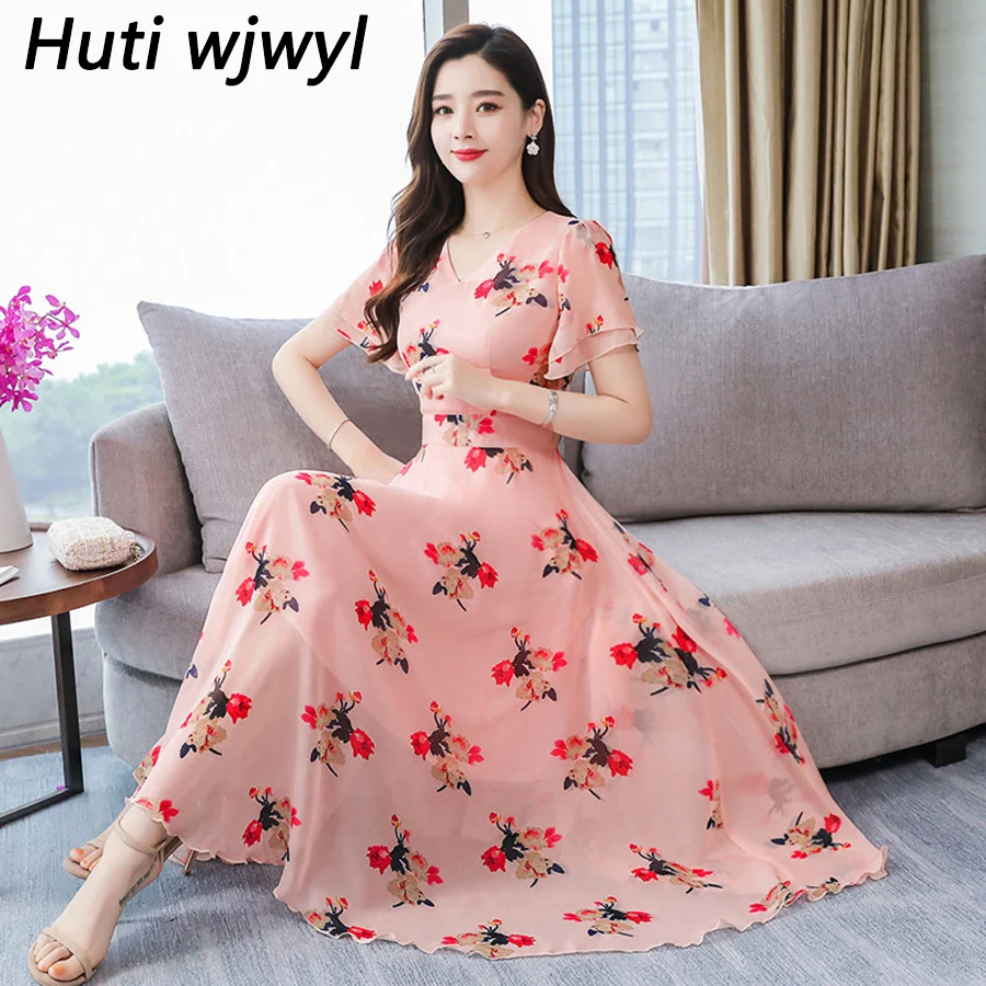 

2019 Pink Floral Chiffon Boho Midi Dress Summer Vintage 3XL Plus Size Sweet Beach Sundress Elegant Women Bodycon Party Vestidos