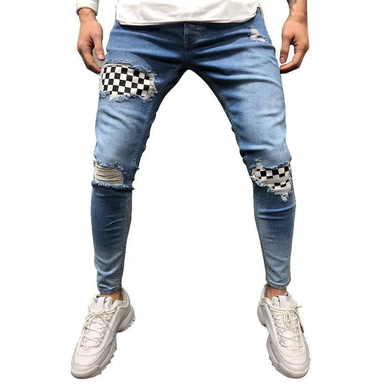 

Adisputent Men Denim trousers fashion badge worn patchwork skinny Slim Zipper Denim Pant Destroyed Gothic Style Ripped jeans
