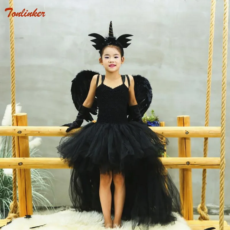 

Girls Black Angel Tutu Dress Long Tail Tulle Girls Dress Kids Pageant Evening Party Dress Girls Headband Wings Halloween Costume