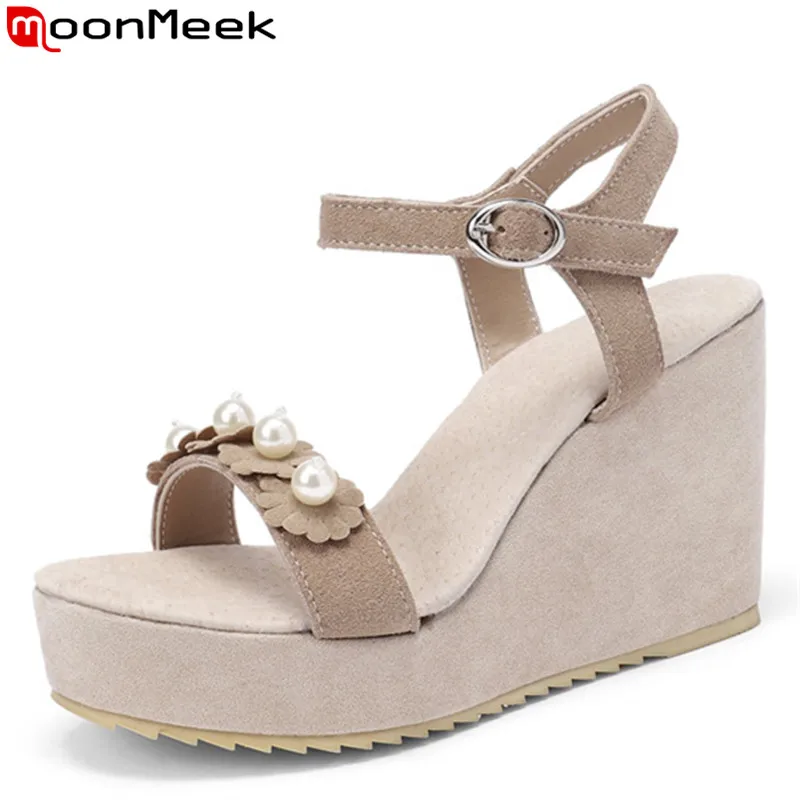 

MoonMeek 2019 summer sandals for women buckle wedges shoes casual platform high heels shoes female flock leisure women sandals